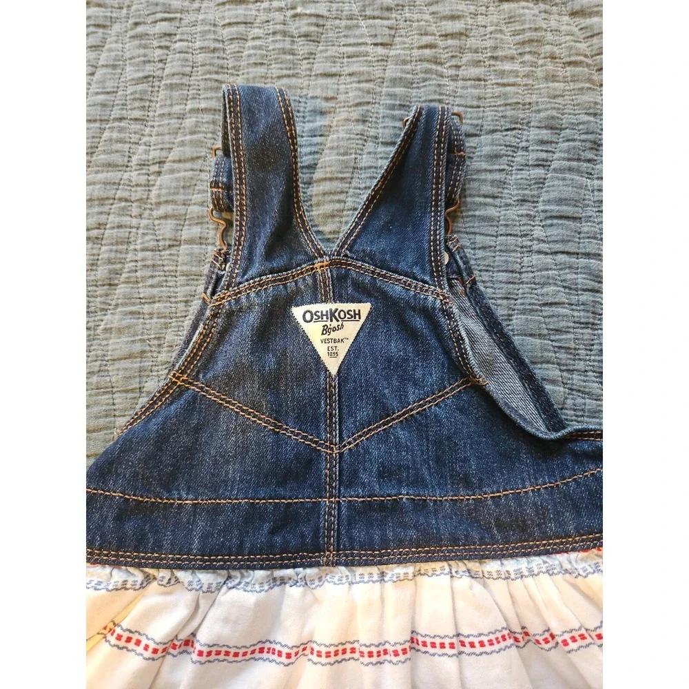 OshKosh B'gosh Kids Denim Overalls Dress Striped Skirt White Red Blue 18-24month